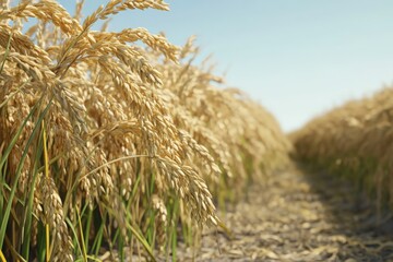 Golden rice fields under a clear blue sky, capturing the essence of agriculture and harvest in a serene rural landscape.