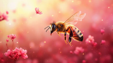 A bee is flying over a field of pink flowers