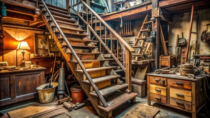 Old wooden stairs with worn out steps and rusty handrail awaiting restoration, surrounded by scattered toolboxes, hammers, and wooden planks in a cluttered workshop.