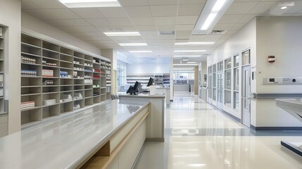 This hospital pharmacy is organized with sleek, modern shelving and clear labeling