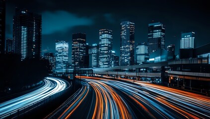 Obraz premium Nighttime Cityscape with Light Trails on a Busy Highway, Skyscrapers Illuminated by City Lights
