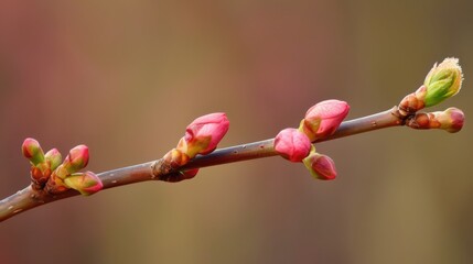 Tiny baby buds on a cherry tree branch, hinting at the blush of pink petals soon to adorn the garden