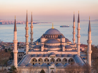 Blue Mosque (Sultanahmet Camii) in the Sunset Time Drone Photo, Sultanahmet Square Fatih, Istanbul Turkiye (Turkey) 