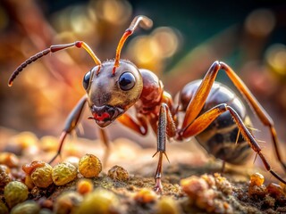 Fototapeta premium Close-up view of a busy ant's intricate body, showcasing delicate wings, compound eyes, and mandibles, surrounded by soft, blurred natural environment textures.
