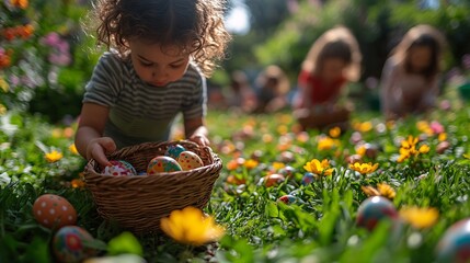 Children Enjoying a Playful Easter Egg Hunt in a Blooming Garden