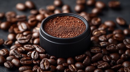 Ground Coffee Beans in a Black Container