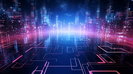 Futuristic digital landscape with glowing lines and abstract cityscape.
