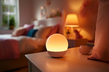 A warm and inviting bedroom scene featuring a glowing smart lamp on a bedside table.