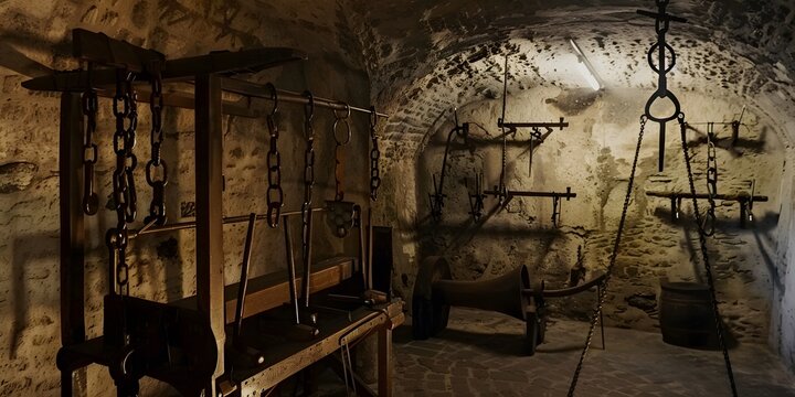 A medieval torture chamber filled with chilling instruments, depicting the dark and grim atmosphere of historical punishment