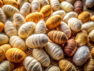 Delicate organic silkworm cocoons in various shapes and sizes, spun from natural silk, showcasing intricate details and textures in a soft, earthy color palette.