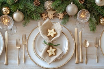 New Year's table setting with gold and white plates, silverware, burlap wrapped napkins with star shaped cookies
