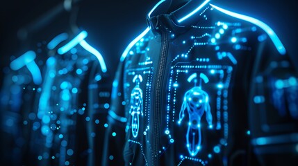 Naklejka premium Futuristic sci-fi jacket featuring glowing blue neon circuit patterns and digital interface displays.