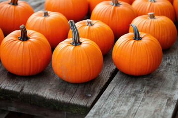 Orange pumpkins arranged on a wooden table with ample free space.