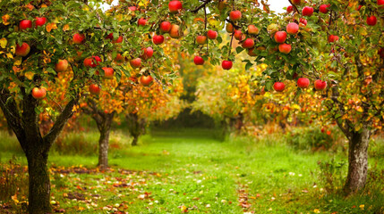 Naklejka premium Lush apple orchard with ripe red fruits on the trees and a path of green grass.