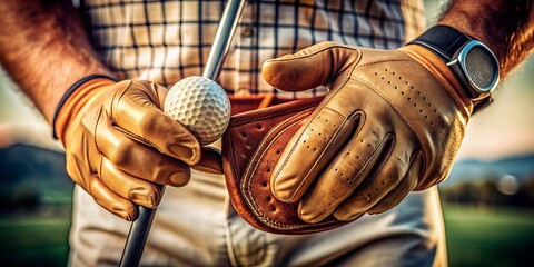 Tightly gripped hands holding golf club, worn leather glove and determined fingers poised for precise swing, conveying focus and mastery of the game.