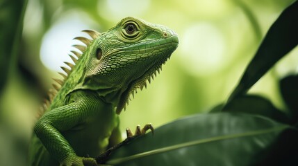 Fototapeta premium A close-up of a green lizard on a branch in the jungle
