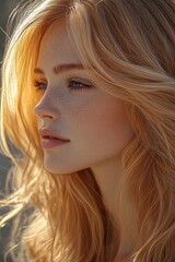 Naklejka premium Serene Portrait of a Blonde Woman in Sunlit Golden Light