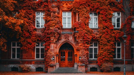 Traditional english house with red brick walls, ivy clad facade, and white framed windows