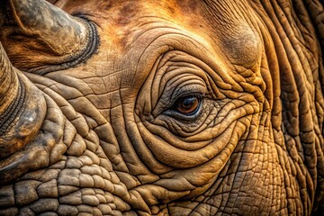 Close-up of rhino's ancient, weathered hide featuring intricate wrinkles, deep crevices, and rugged patterns, showcasing the majestic creature's battle-hardened exterior in stunning detail.