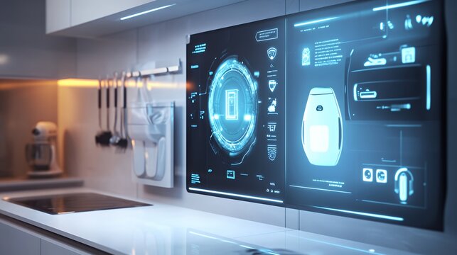 Futuristic kitchen with a digital interface displaying smart home controls. - Powered by Adobe