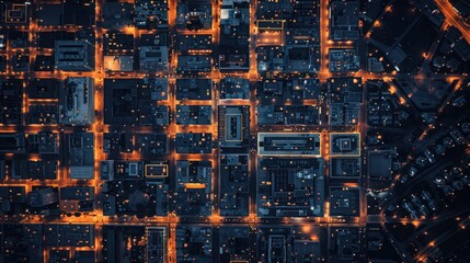 Visualize the intricate patterns of a bustling city's nighttime lights, seen from a bird's-eye view, illuminating the urban landscape below.