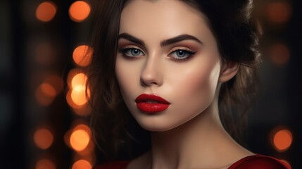 Beautiful Woman with Red Lipstick and Blue Eyes