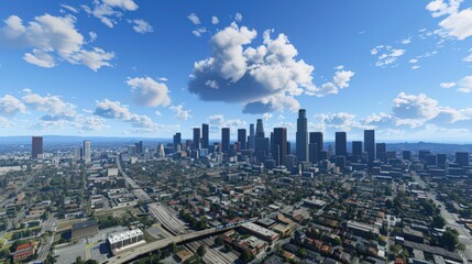 Fototapeta premium Visualize the Los Angeles skyline from a bird's-eye view, capturing the urban expanse in stunning detail.
