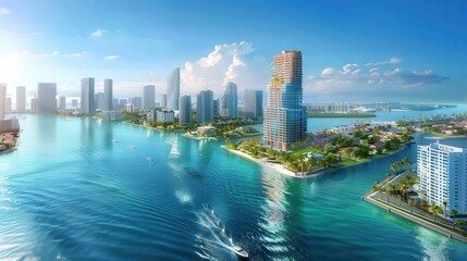 Obraz premium Visualize the Miami skyline from a bird's-eye view, capturing the vibrant urban landscape and surrounding waters.
