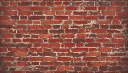 Obraz premium Weathered red brick wall background with peeling paint and dark stains. Grunge background design for poster, wallpaper, and banner