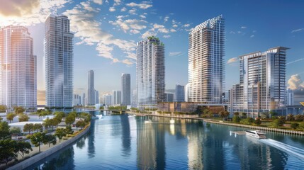 Visualize the Miami skyline with a focus on the bustling activity along the Miami River.