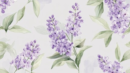 A beautiful watercolor pattern featuring lilac flowers and green leaves on a light background.