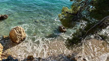Sea, view from a cave located on the shore in Croatia, Adriatic Sea