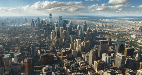 Visualize the Philadelphia skyline from a bird's-eye view, capturing the expansive urban landscape and historical landmarks
