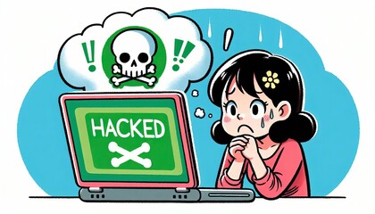 Cartoon of a young girl staring worriedly at a hacked laptop with a skull icon on the screen on a light blue background