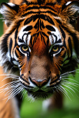 Fototapeta premium Close-up shot of a majestic tiger staring intensely with piercing eyes and vibrant stripes in a natural habitat.