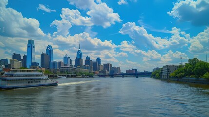 Obraz premium Visualize the Philadelphia skyline with a focus on the bustling activity along the Delaware River