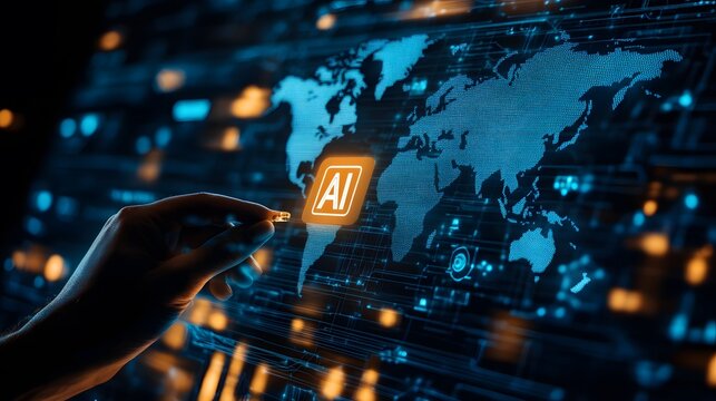 AI ,Business visionary points to AI letter icon on a world map, symbolizing the strategic utilization of AI in global business. Embrace innovation and navigate the future of intelligent technology