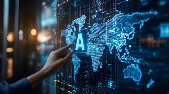 AI ,Business visionary points to AI letter icon on a world map, symbolizing the strategic utilization of AI in global business. Embrace innovation and navigate the future of intelligent technology