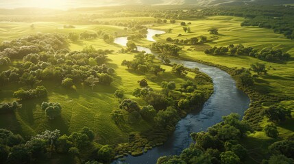 Visualize the tranquility of a countryside landscape, with rolling hills and meandering rivers, in a peaceful bird's eye perspective.