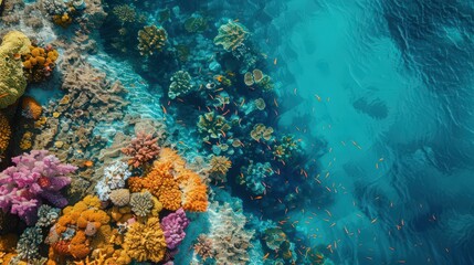 Fototapeta premium Visualize the vibrant colors of a coral reef from a drone's perspective, where marine life thrives amidst clear turquoise waters