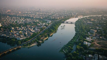 Fototapeta premium Visualize the Yamuna River winding through Delhi, seen from above with its bridges connecting different parts of the city
