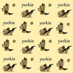 A cheerful cartoon image of a small dog of the Yorkshire terrier breed. Stylized puppy logo. Cute animal emotions.