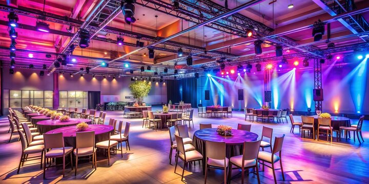 Vibrant event space empty of people, with lighting and sound equipment set up, chairs and tables arranged, awaits final checks before grand opening.