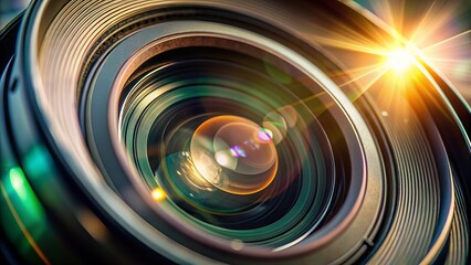 Close-up of a camera lens with intense sunlight casting a circular glare, highlighting the subtle scratches and imperfections on the glass surface.