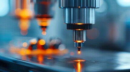 Close-up of advanced technology in a laboratory, showcasing precision machinery and illuminated droplet formation.