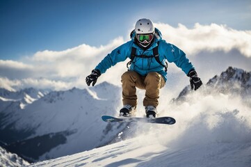 Snowboarder in blue jacket and white helmet soaring through air performing trick