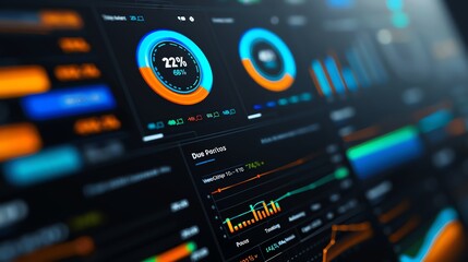 Obraz premium Close-up view of modern data visualization interface with graphs, charts, and statistics for analytical purposes.