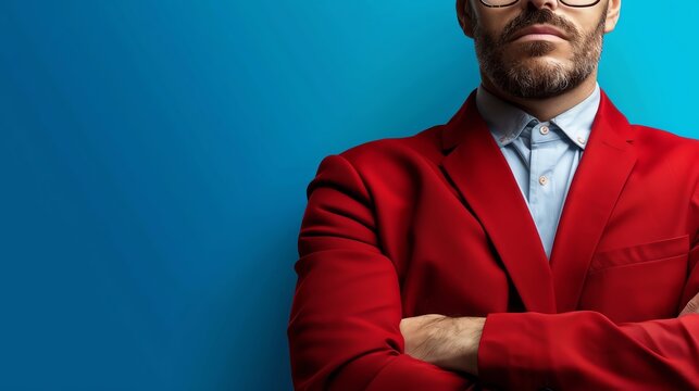 Confident man in a red blazer with glasses, posing against a vibrant blue background, exuding professionalism and style. - Powered by Adobe