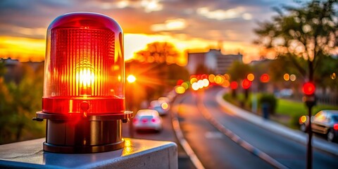Vibrant red police siren takes center stage on safety pamphlets, illuminated by warm evening lights, capturing the essence of community safety and neighborhood unity.