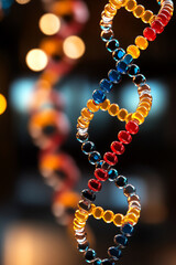 Colorful DNA helix model with a bokeh background, representing genetics, science, and molecular biology. Close-up detail and vibrant imagery.